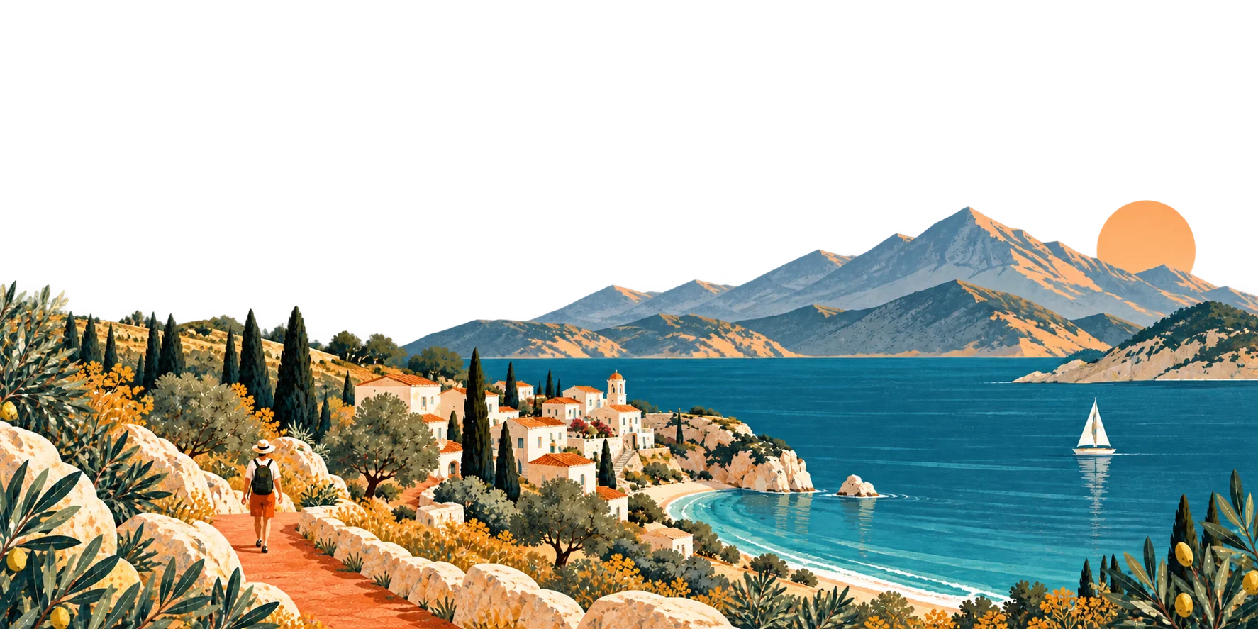 Ilustración de un viajero siguiendo un camino junto al mar